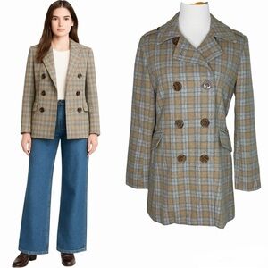Banana Republic Factory Double Breasted Plaid Pea Coat Size Medium Gray Tan Wool